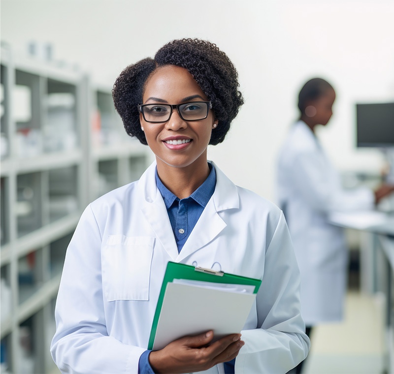 A medication care coordinator reviews prescriptions on a computer while speaking with a patient at the pharmacy counter, ensuring accurate medication management and patient support.